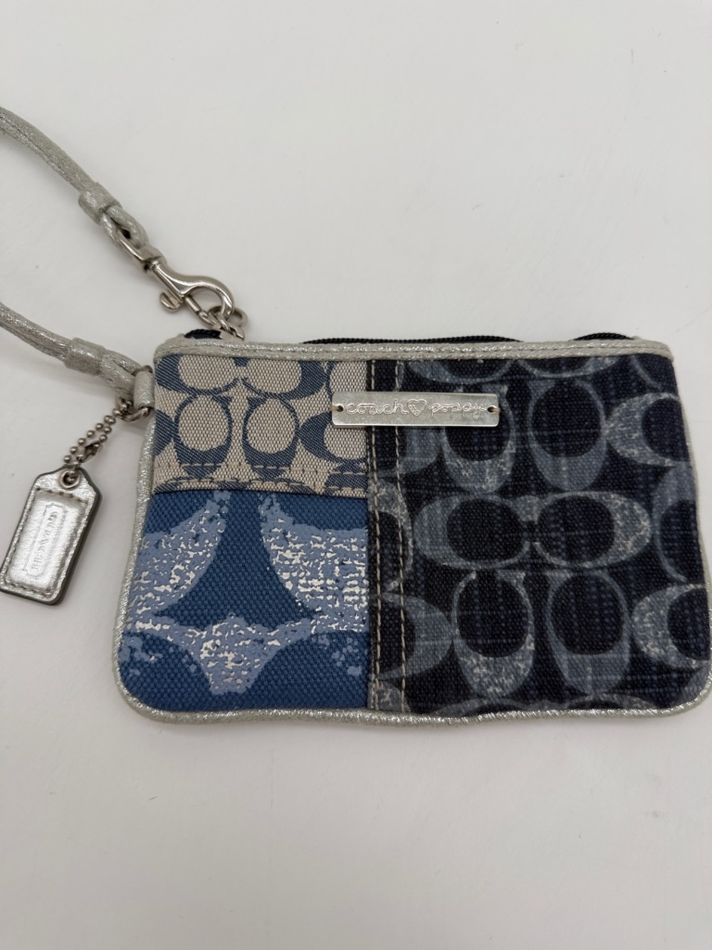 Coach Poppy Patchwork Signature Wristlet in Blue, Gray, Silver